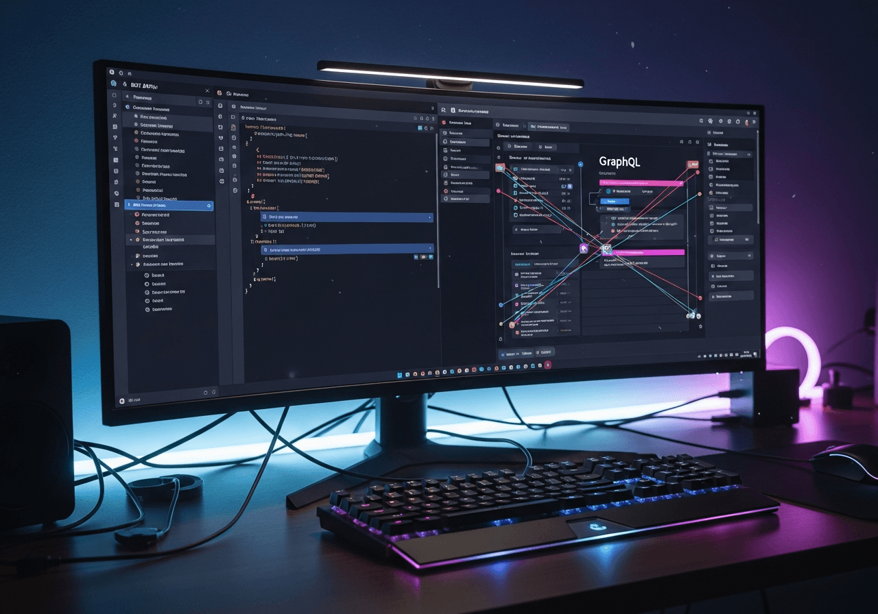 Postazione di lavoro con app React che integra API REST e GraphQL su uno schermo in dark mode