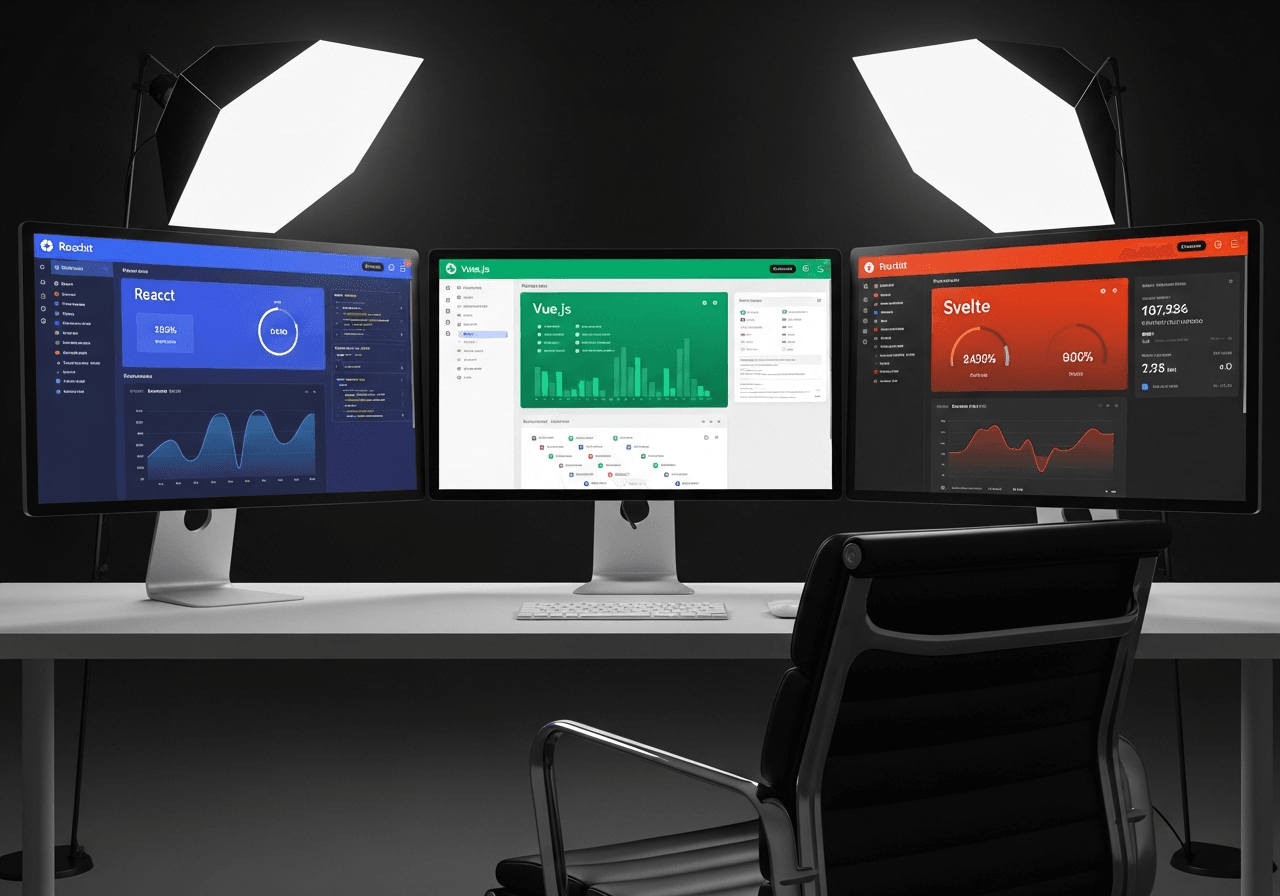 Tre monitor affiancati che mostrano interfacce React Vue e Svelte per confronto framework