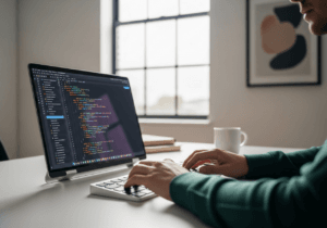 Sviluppatore che studia codice JavaScript moderno su laptop