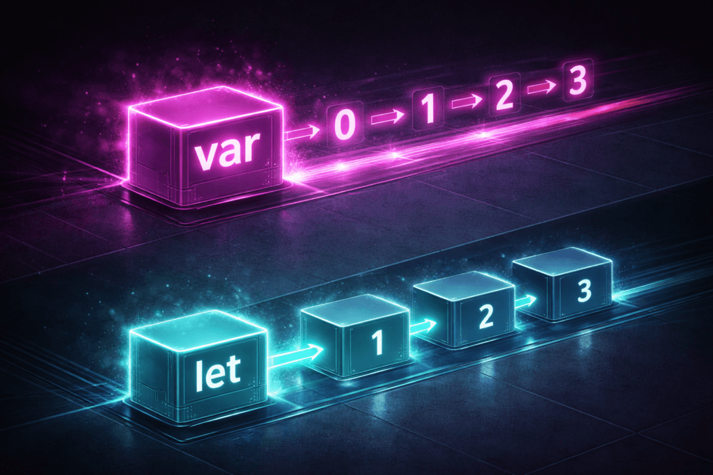 Visualizzazione della memoria: confronto tra un singolo nodo sovrascritto (var - magenta) e una sequenza ordinata di nodi distinti (let - teal) in un ciclo for.