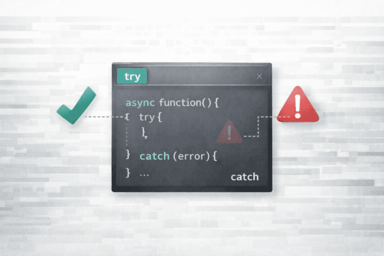 Illustrazione di error handling in JavaScript con try…catch e async/await, con finestra di codice e simboli di errore e successo