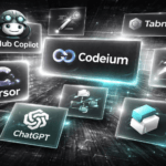 Collage editoriale che rappresenta i principali strumenti di intelligenza artificiale per sviluppatori nel 2025, con focus su assistenza al coding e produttività