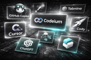 Collage editoriale che rappresenta i principali strumenti di intelligenza artificiale per sviluppatori nel 2025, con focus su assistenza al coding e produttività