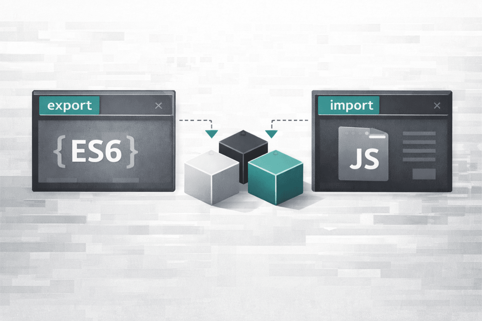 Illustrazione dei moduli ES6 in JavaScript che mostra il flusso import/export tra file e la modularità del codice con componenti separati e collegati