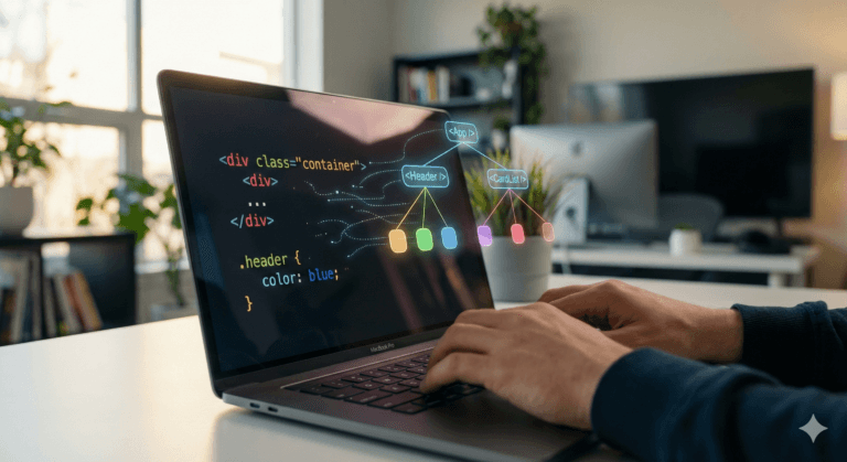 Sviluppatore al laptop con codice React e HTML CSS sullo schermo, concetto base per principianti