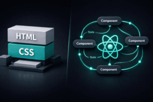 Visualizzazione concettuale del cambio di modello mentale passando da HTML e CSS a React