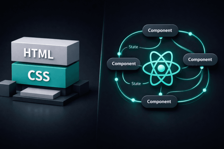 Visualizzazione concettuale del cambio di modello mentale passando da HTML e CSS a React