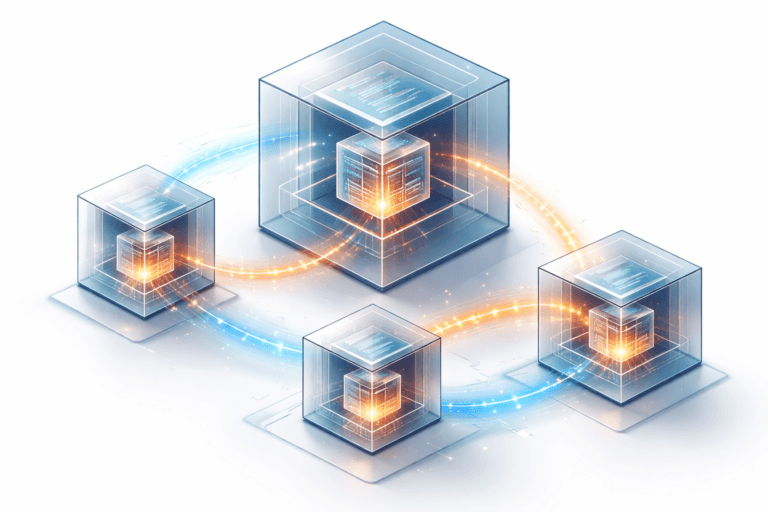 Illustrazione astratta che rappresenta i diversi livelli di Scope in JavaScript (Global, Function, Block)