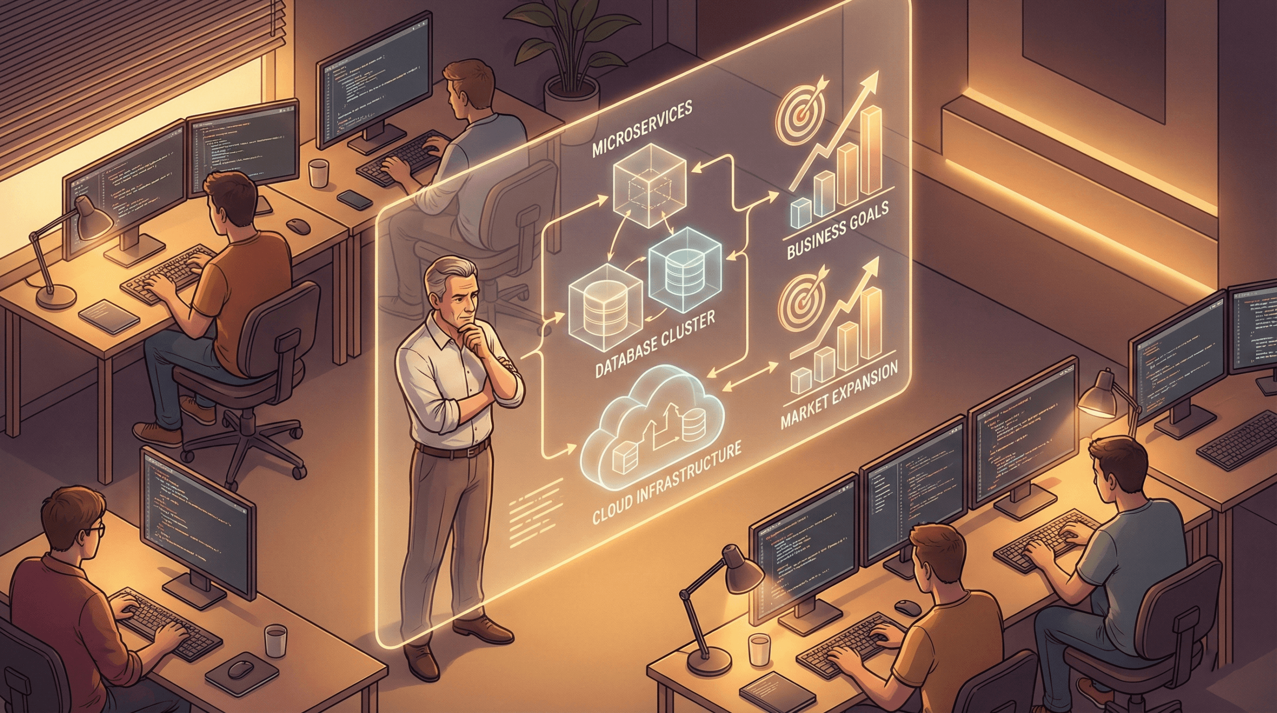 Senior developer skills concept: programmatore che analizza architettura software e obiettivi di business invece di scrivere codice