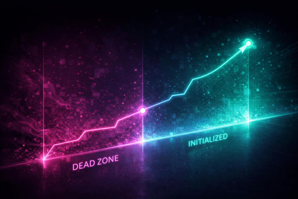 Grafico Timeline astratto: una variabile sale dalla zona di errore 'Dead Zone' (glitch magenta) alla zona sicura 'Initialized' (luce teal).