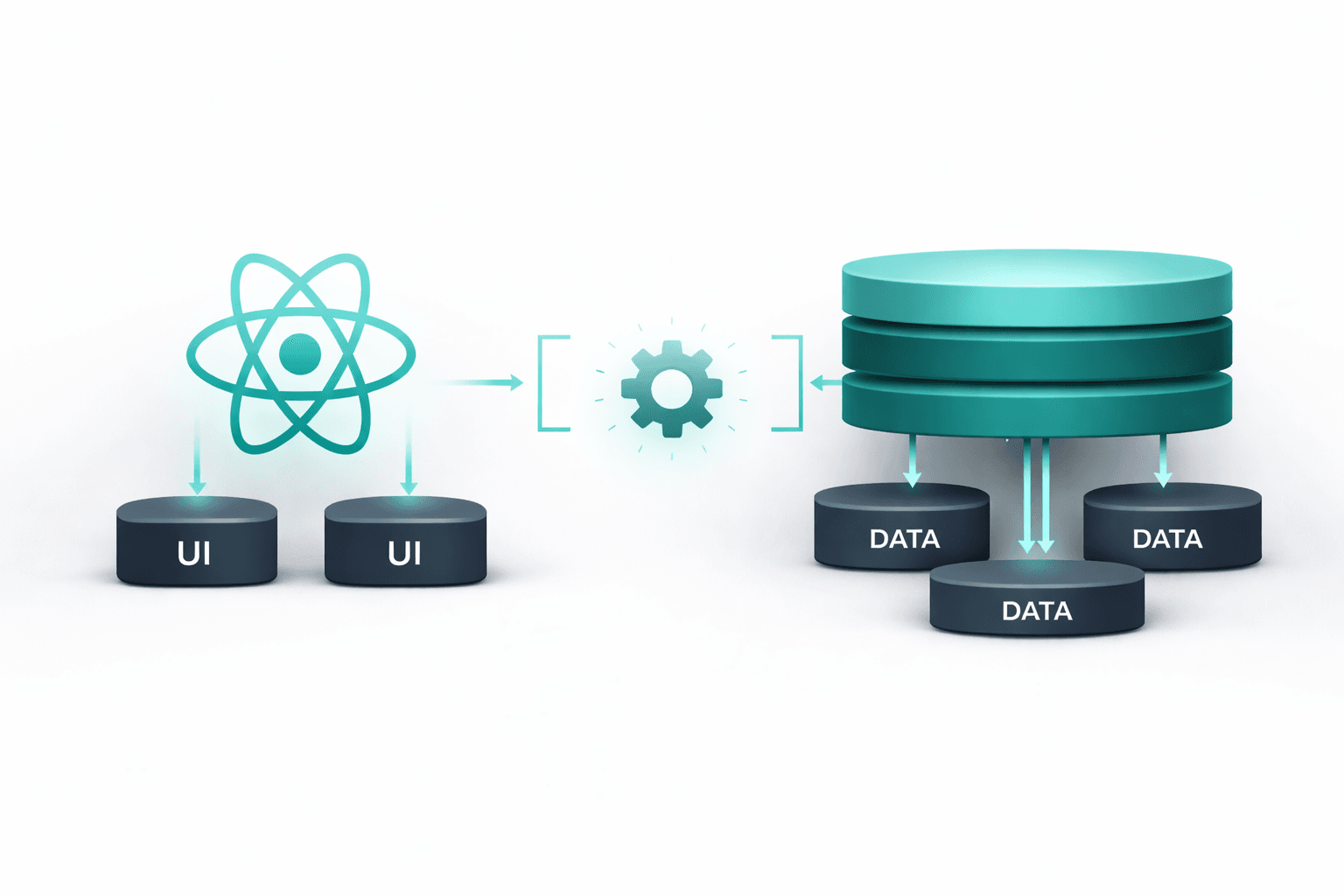Illustrazione concettuale della gestione dello stato applicativo in React, con flussi di dati centralizzati e componenti UI sincronizzati