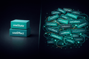 Confronto concettuale tra hook React essenziali e hook superflui nelle fasi iniziali