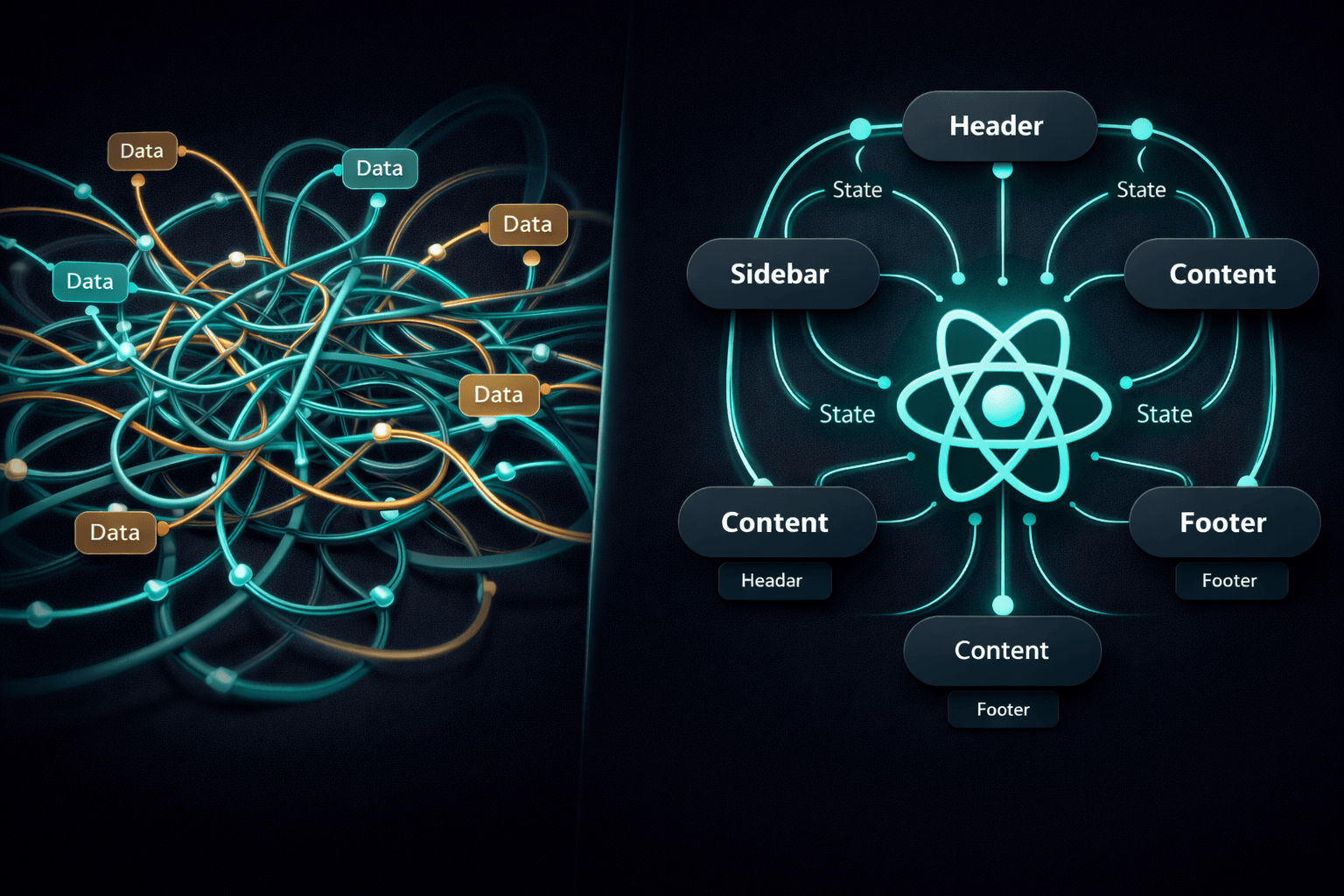Rappresentazione concettuale della gestione dello stato in React senza creare caos