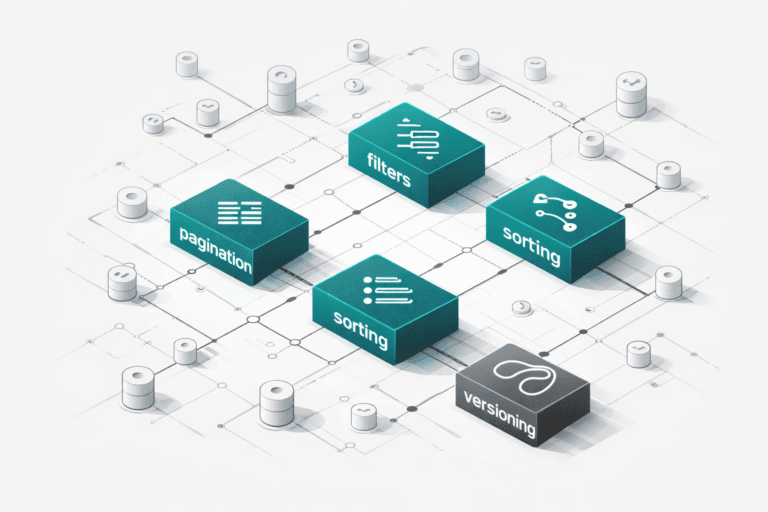 Schema visivo di REST API scalabili con moduli per pagination, filtri, ordinamento e versioning, in grayscale con accento teal #097e70.