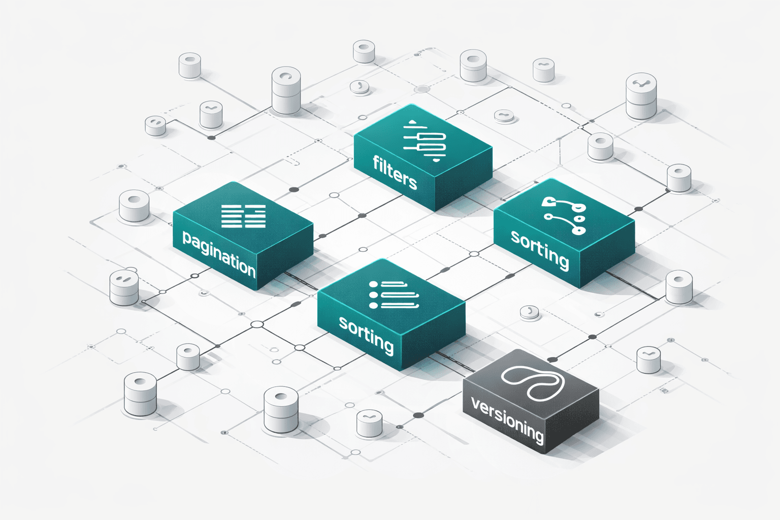Schema visivo di REST API scalabili con moduli per pagination, filtri, ordinamento e versioning, in grayscale con accento teal #097e70.