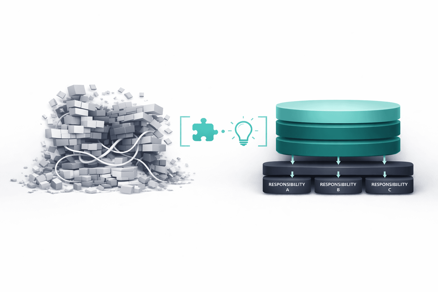 Illustrazione 3D che confronta un’architettura frontend disordinata e rigida con una struttura React modulare e orientata alle feature, con flussi di stato chiari e separazione delle responsabilità