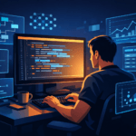 Sviluppatore che lavora con strumenti AI nel 2026, con suggerimenti di codice e pannelli holografici che mostrano il workflow assistito dall'intelligenza artificiale