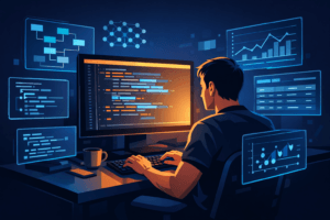 Sviluppatore che lavora con strumenti AI nel 2026, con suggerimenti di codice e pannelli holografici che mostrano il workflow assistito dall'intelligenza artificiale