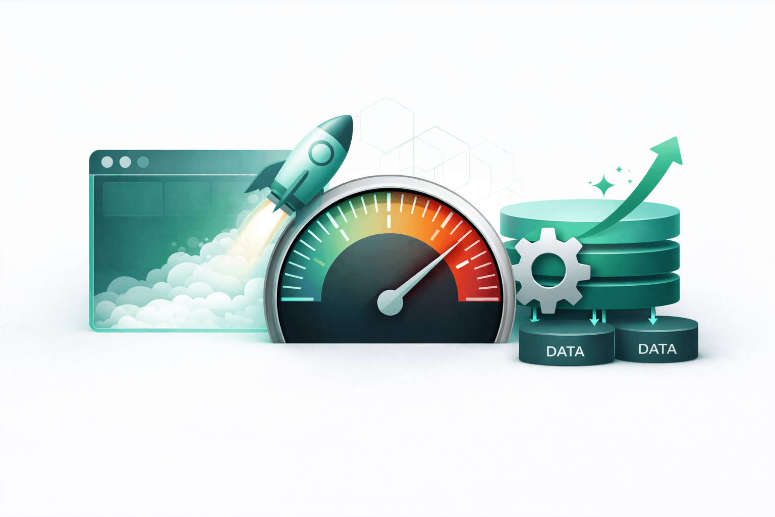 Illustrazione concettuale della web performance con flussi di ottimizzazione, velocità di caricamento e gestione efficiente delle risorse frontend