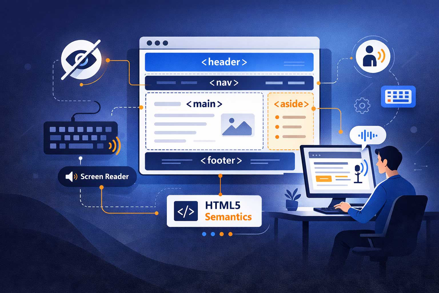 Schema che mostra come gli screen reader interpretano i tag semantici HTML5
